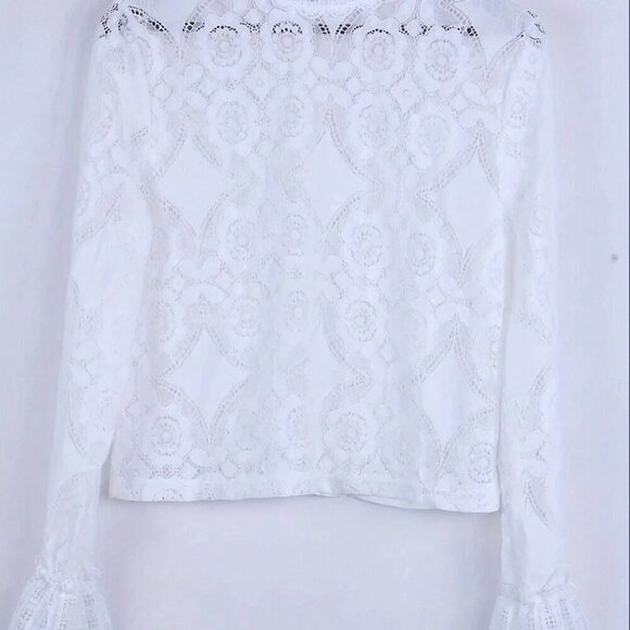 White Elegant Women's Spring And Summer Stand Collar Long Sleeve Hollow Top - Picture 4 of 5